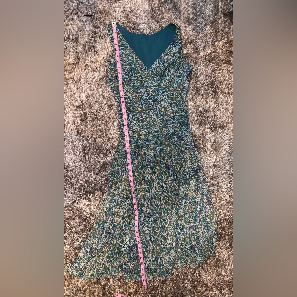 Jonathan Martin Dress White Teal Floral Drop Waist Midi V-Neck - size Medium - Picture 9 of 9